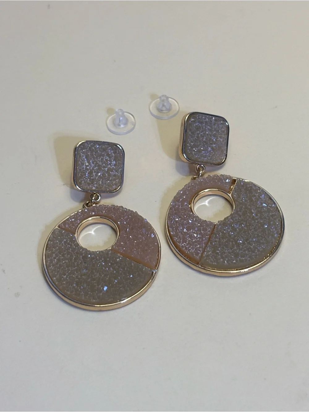 Sugarfix Gold-Tone Pale Pink and Cream Druzy Circle Drop Earrings 2-3/8”